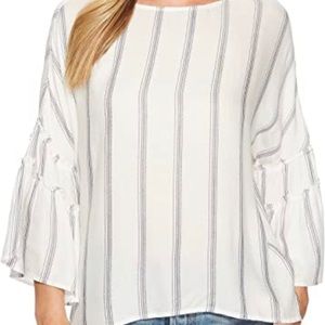 Liverpool Ruffle Sleeve Top White Blue Stripes XL